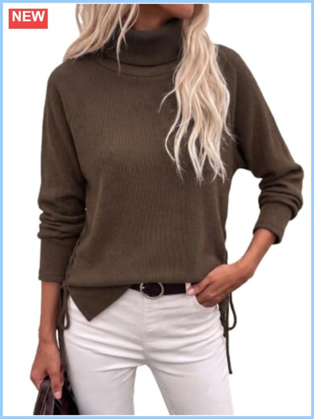 Women's Turtleneck Oversized Ribbed Knit Sweater Side Slit Pullover